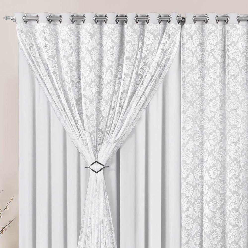 Cortina Yasmin 3 Metros Branca Tecido Malha Com Renda Floral Sala Ou Quarto - 3