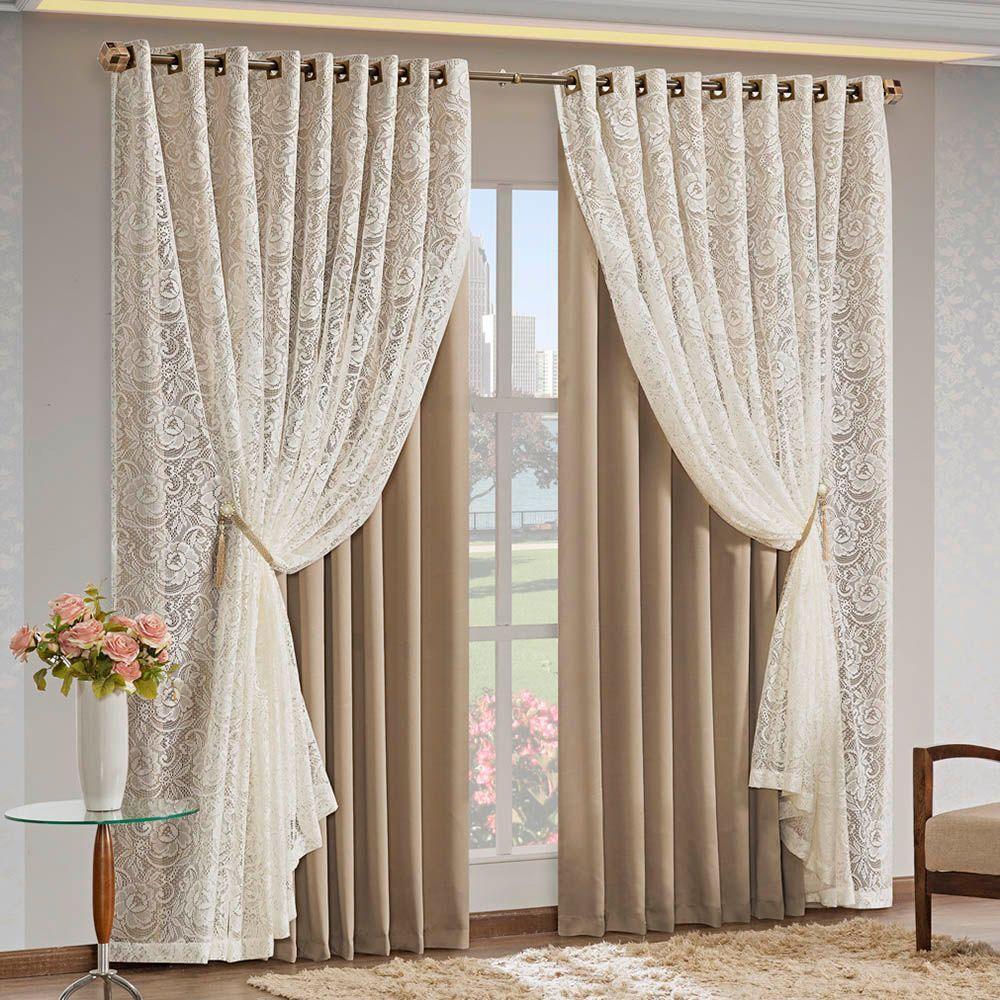 Cortina Monalisa 3,00M X 2,70M Varão Simples Tecido Blackout Com Renda Floral - Chocolate - 1