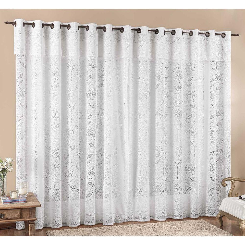 Cortina Luna 4,00M X 2,50M Branca Tecido Renda Floral Leve Para Sala Ou Quarto - 1