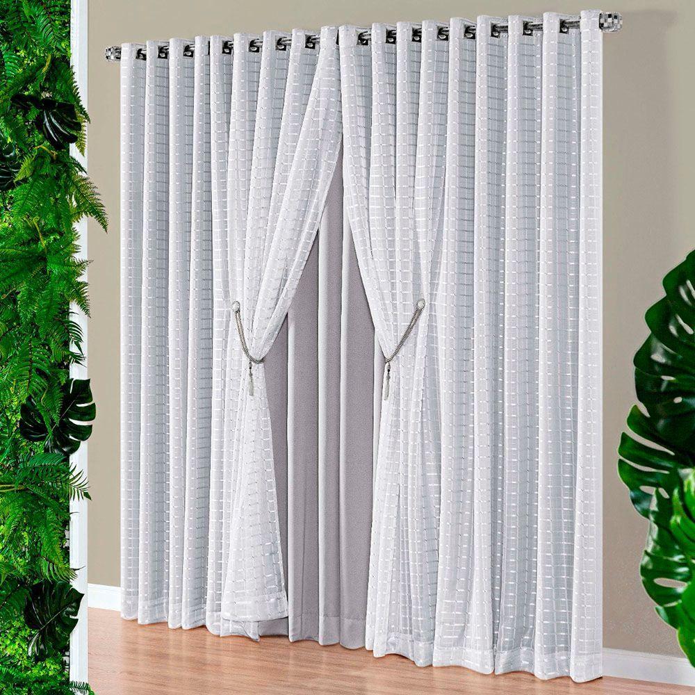 Cortina Realce 2,00M X 1,70M Tecido Semi Blackout Com Voil Xadrez Varão Simples - Cinza - 2