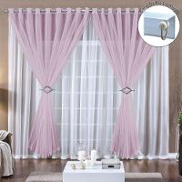 Cortina Paula 3,00M X 2,80M Rosa Para Trilho Comum Tecido Voal Leve Clean - 1