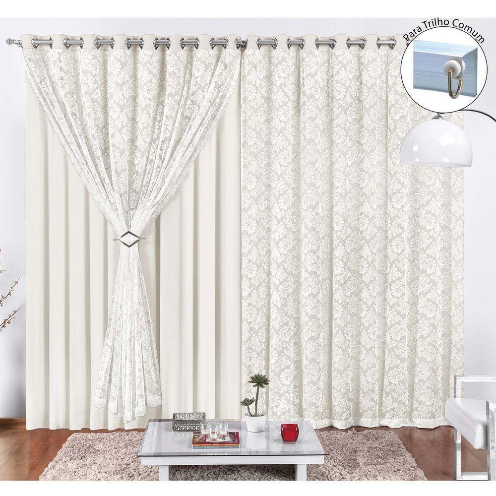 Cortina Yasmin 2,00M X 1,70M Palha Trilho Comum Tecido Malha Renda Floral Leve - 2