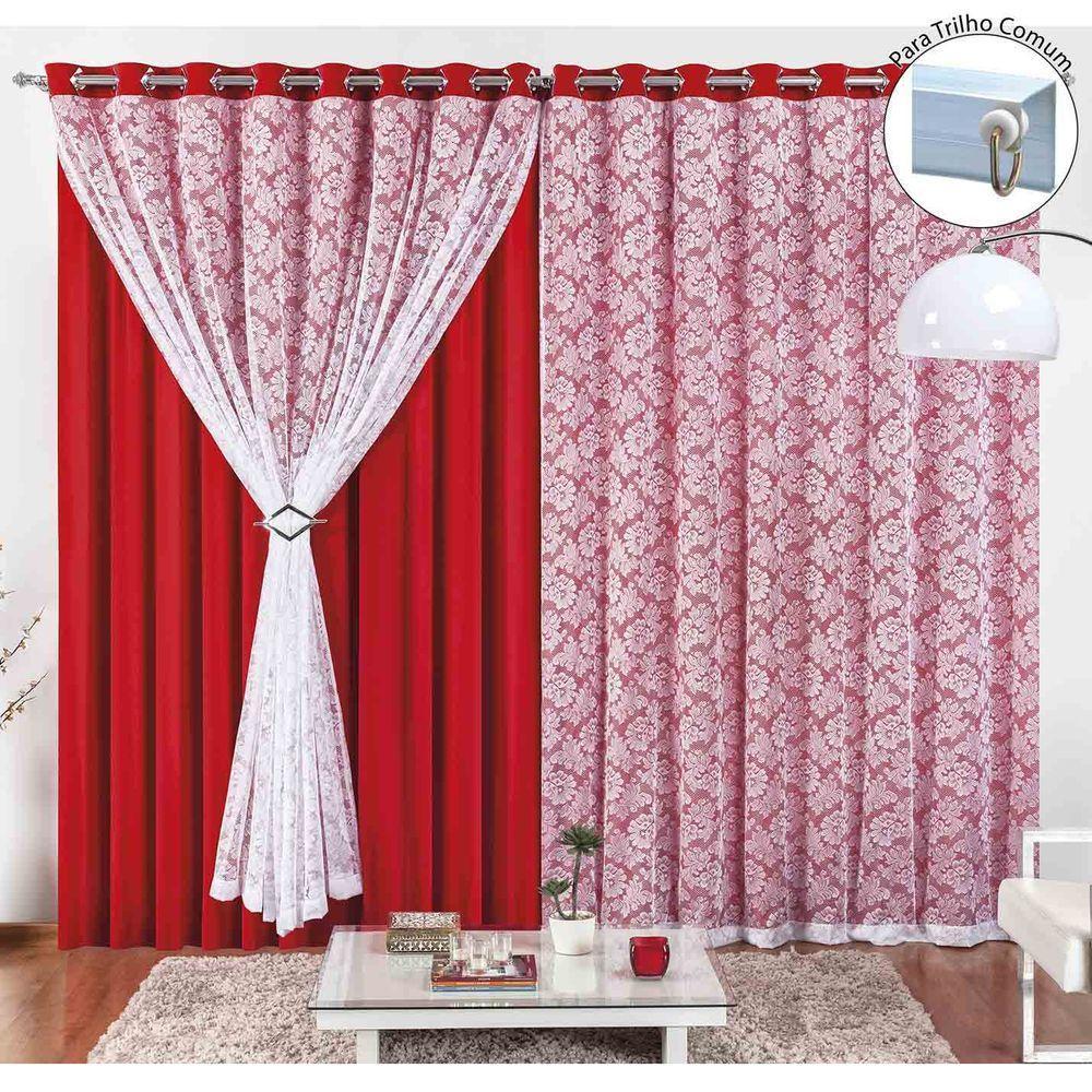 Cortina Yasmin 3,00M X 2,50M Vermelha Trilho Comum Tecido Malha Renda Floral Nova - 1