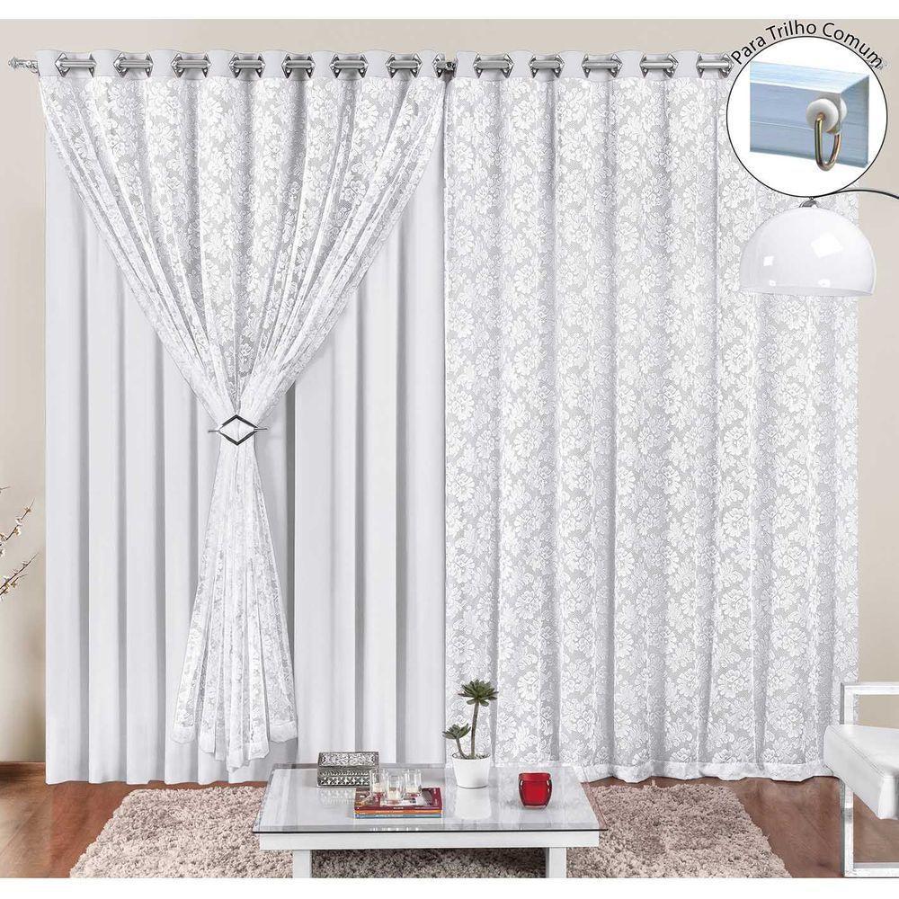 Cortina Yasmin 3,00M X 2,50M Branca Trilho Comum Tecido Malha Renda Floral Nova - 1