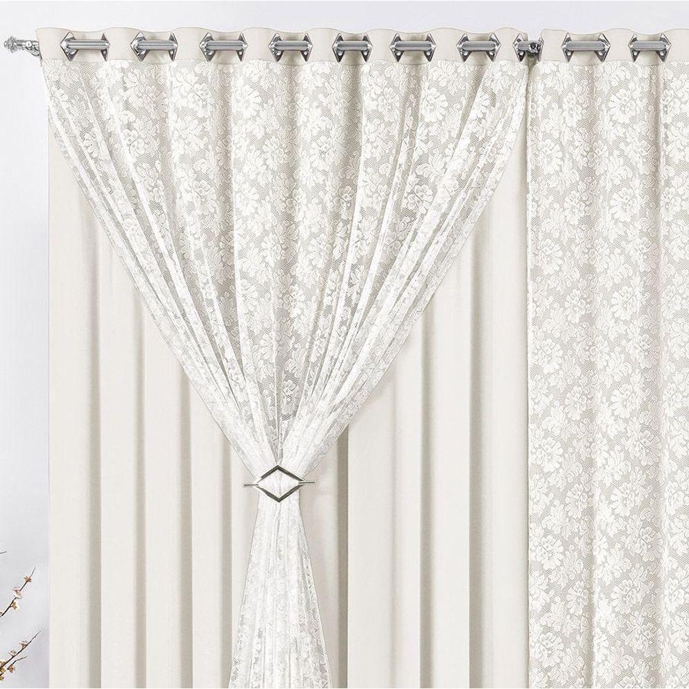 Cortina Yasmin 4,00M X 2,50M Palha Trilho Comum Tecido Malha Com Renda Floral - 3