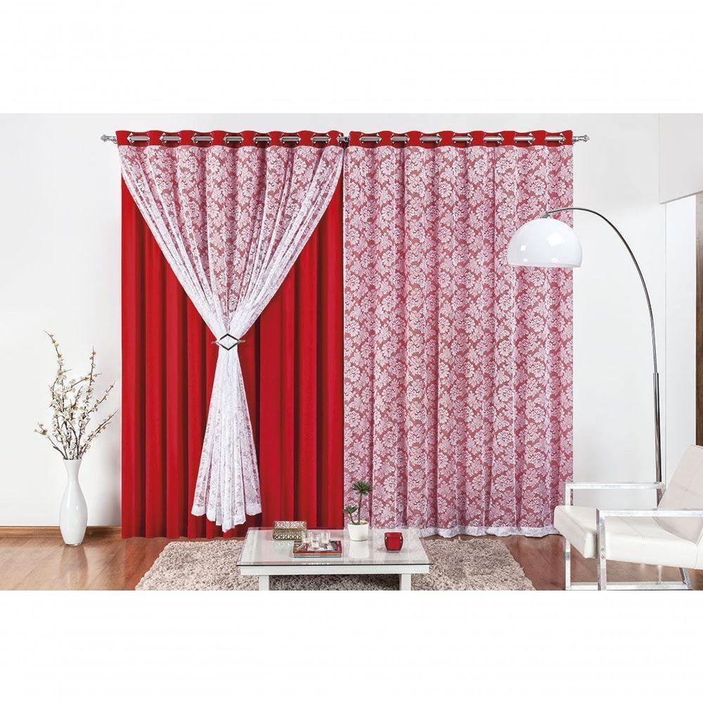 Cortina Yasmin 3 Metros Vermelha Tecido Malha Com Renda Floral Sala Ou Quarto - 2