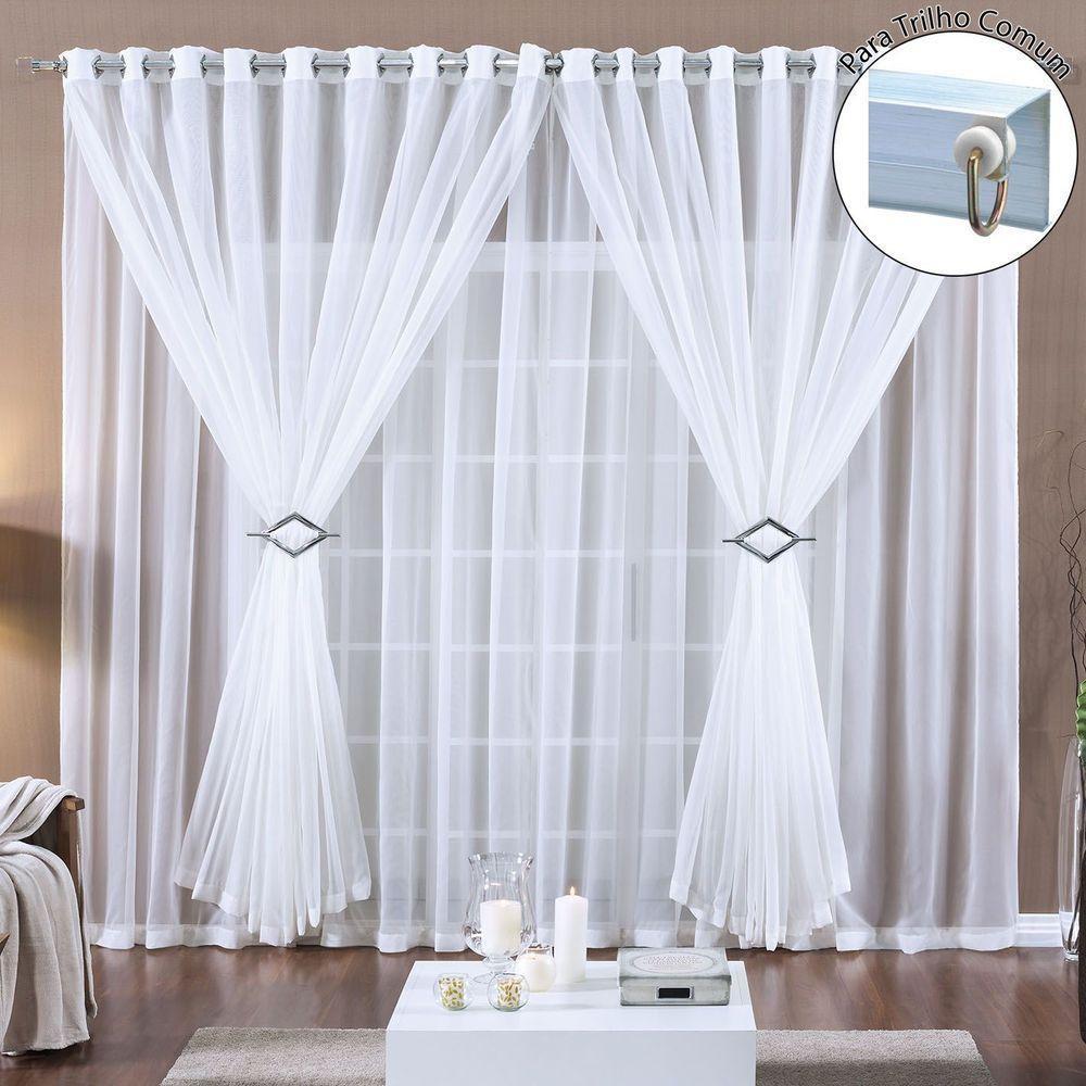 Cortina Paula 4,00M X 2,80M Branca Para Trilho Comum Tecido Voal Leve Clean Sala - 1