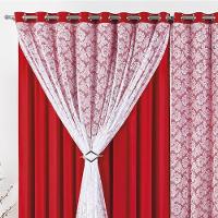 Cortina Yasmin 4,00M X 2,50M Vermelha Trilho Comum Tecido Malha Com Renda Floral - 5