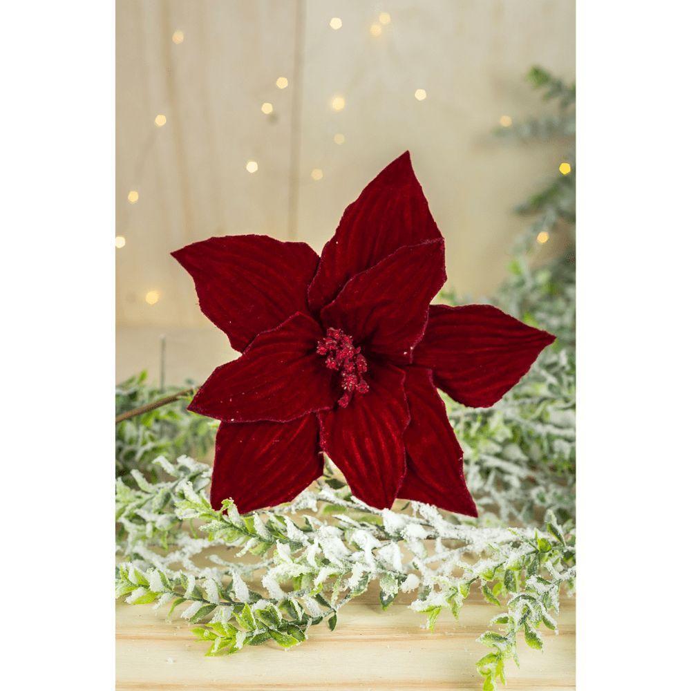 Flor Artificial Natal Poinsétia Veludo Vermelha 41cm - 3