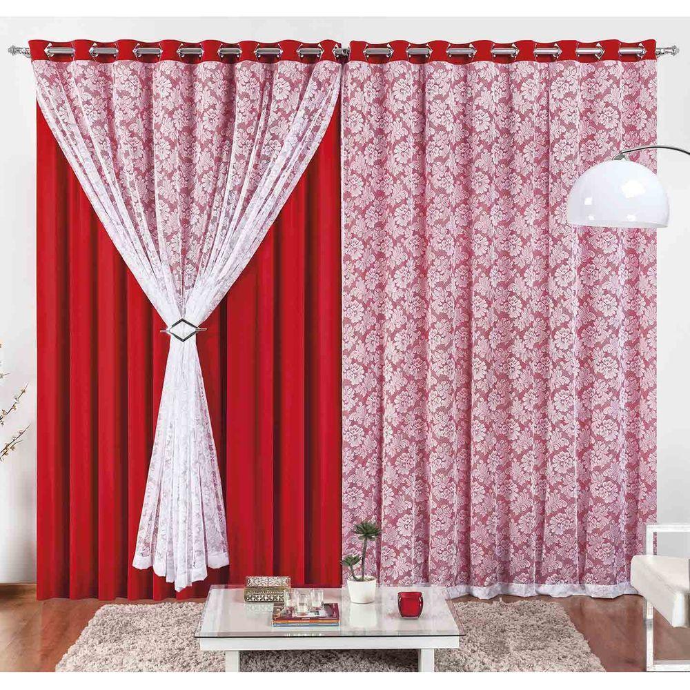 Cortina Yasmin 4 Metros Vermelha Tecido Malha Com Renda Floral Sala Ou Quarto - 1