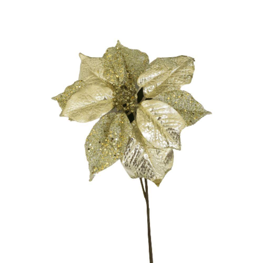 Flor Artificial Natalina Poinsétia Tecido Dourado Haste 45cm - 1