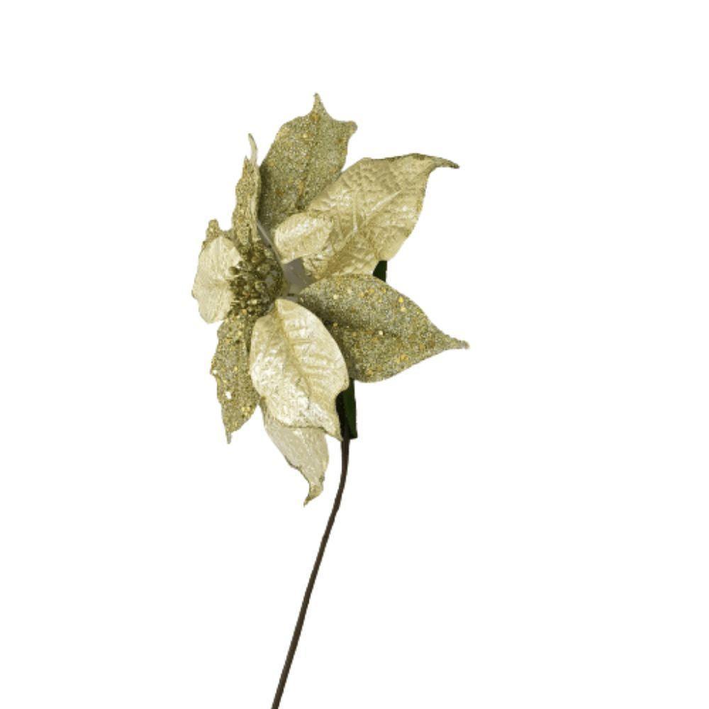 Flor Artificial Natalina Poinsétia Tecido Dourado Haste 45cm - 4