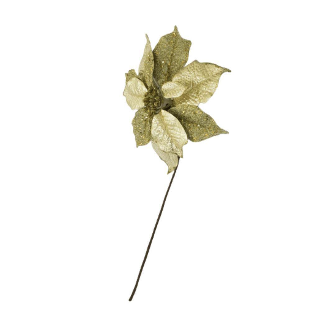 Flor Artificial Natalina Poinsétia Tecido Dourado Haste 45cm - 5