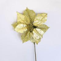 Flor Artificial Natalina Poinsétia Tecido Dourado Haste 45cm - 2