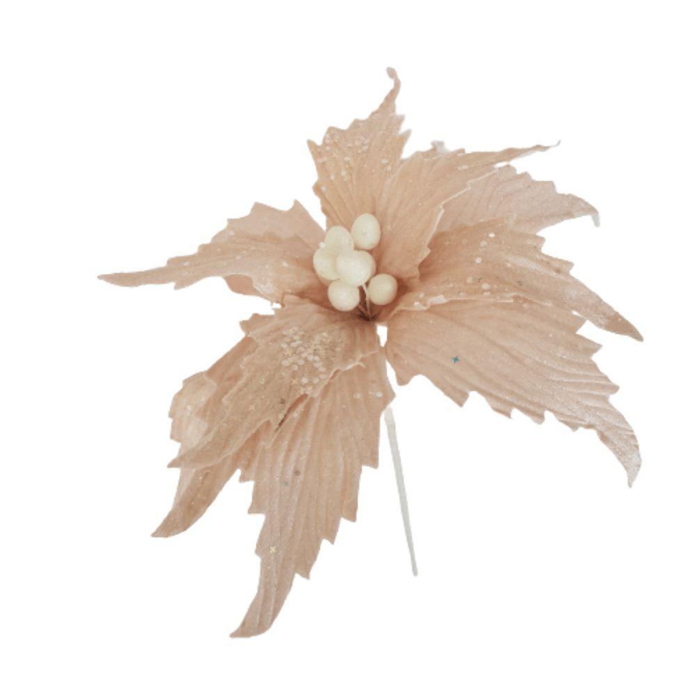 Flor Artificial Natalina Poinsétia Rose Tecido Com Haste 58cm - 1