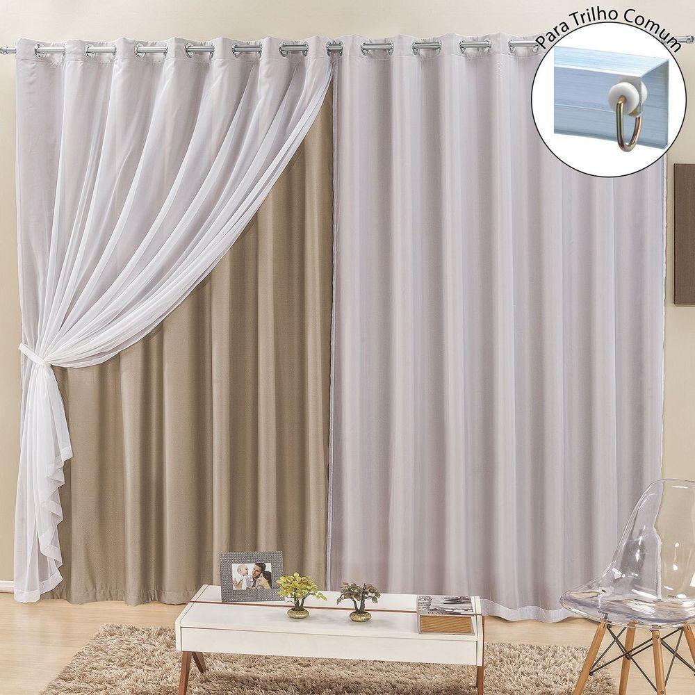 Cortina Para Trilho Comum Elegance 4,00M X 2,50M Bege Tecido Semi Blackout Voal - 1