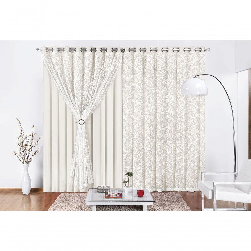 Cortina Yasmin 2 Metros Palha Tecido Malha Com Renda Floral Sala Ou Quarto - 2