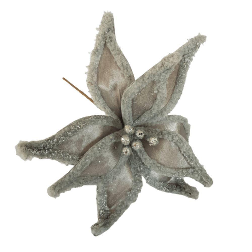 Flor Artificial Natalina Poinsétia Veludo Prata Haste 50cm - 1