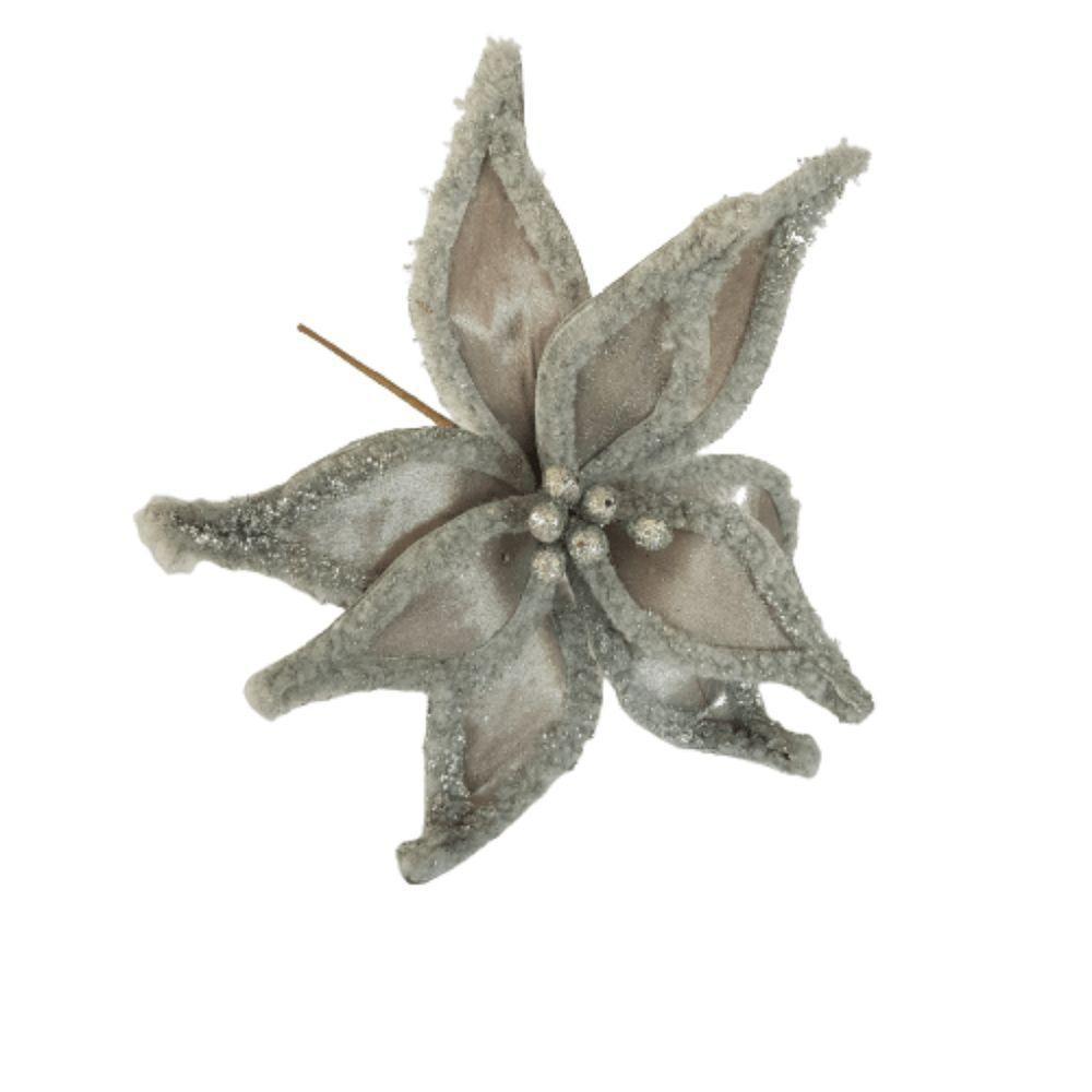 Flor Artificial Natalina Poinsétia Veludo Prata Haste 50cm - 2