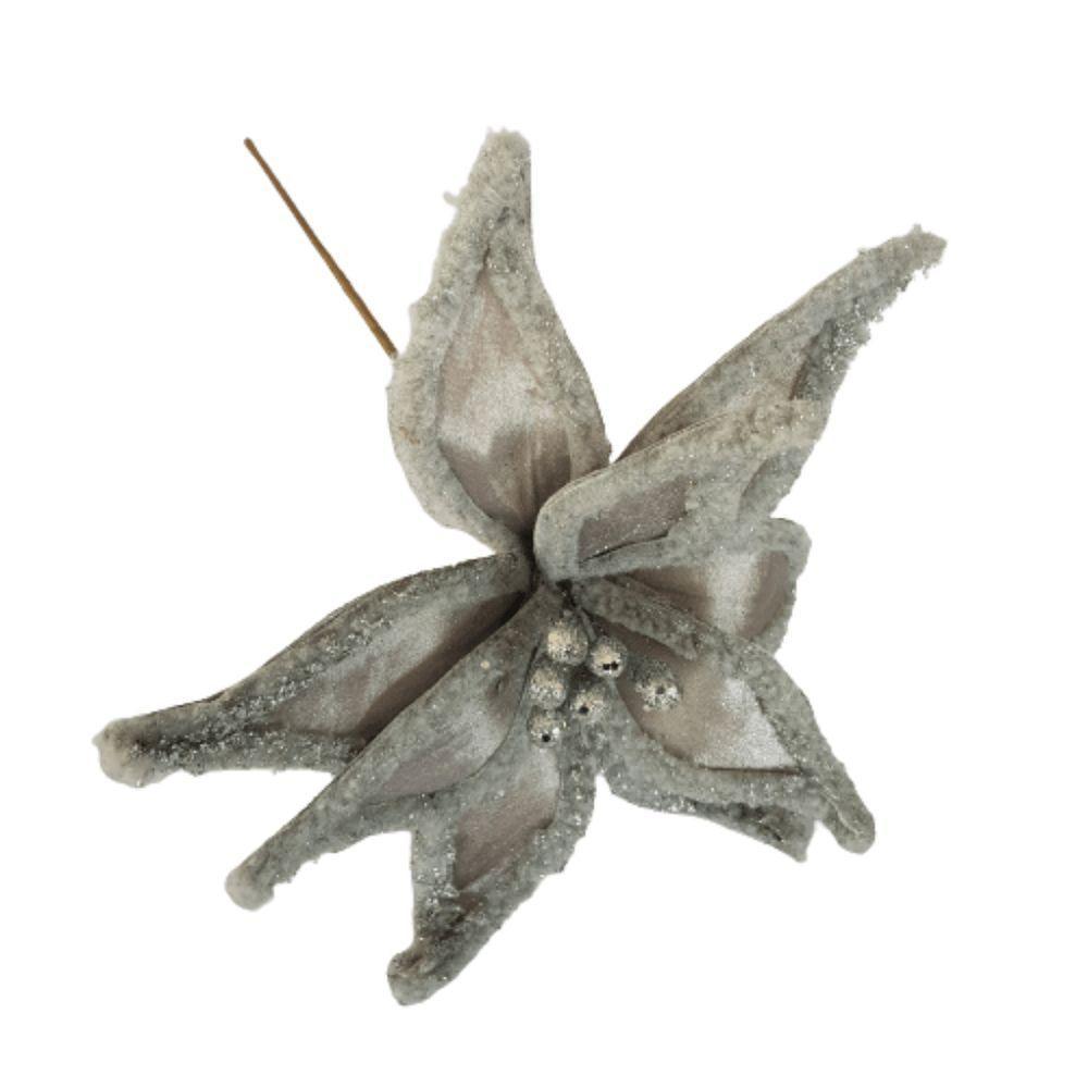 Flor Artificial Natalina Poinsétia Veludo Prata Haste 50cm - 3