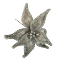 Flor Artificial Natalina Poinsétia Veludo Prata Haste 50cm - 1