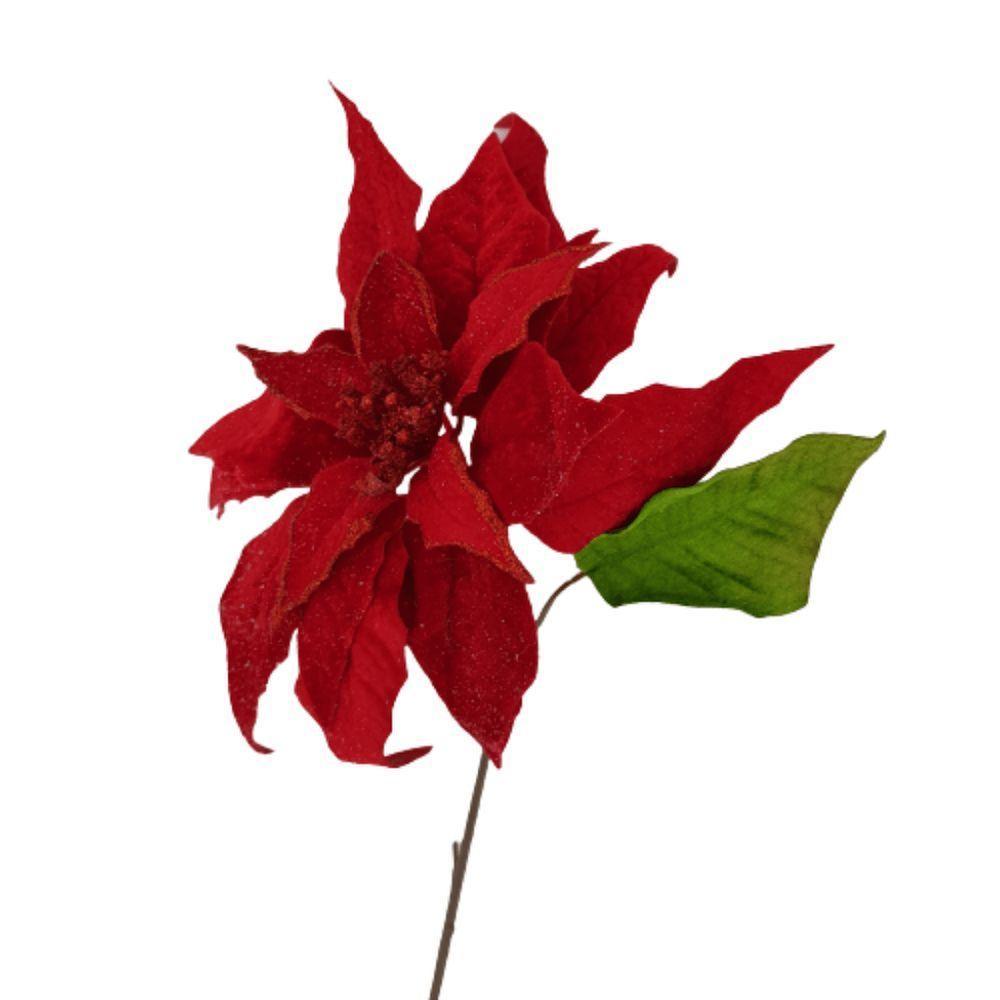 Flor Artificial Natalina Poinsétia Veludo Vermelha Com Haste 55cm - 3