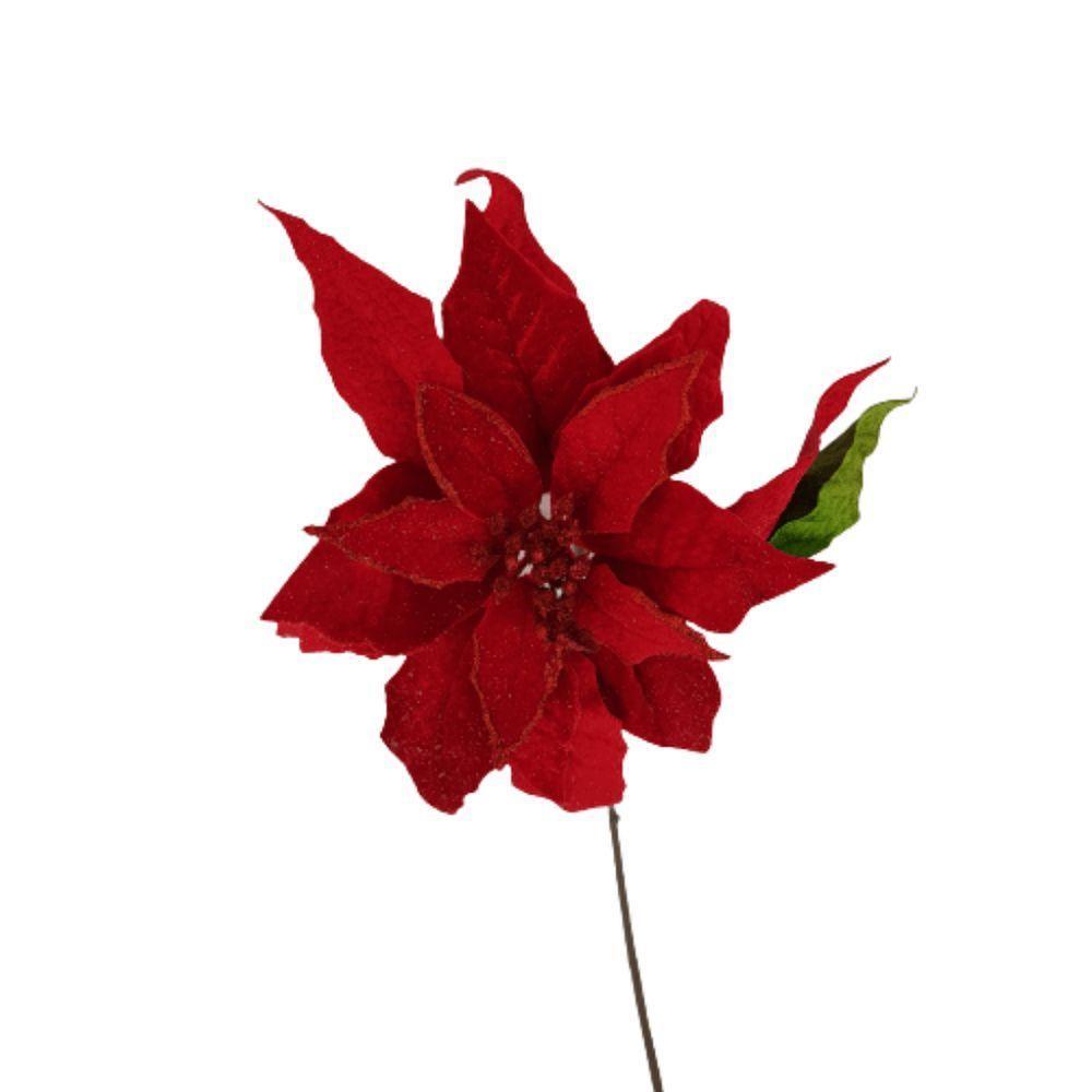 Flor Artificial Natalina Poinsétia Veludo Vermelha Com Haste 55cm - 4