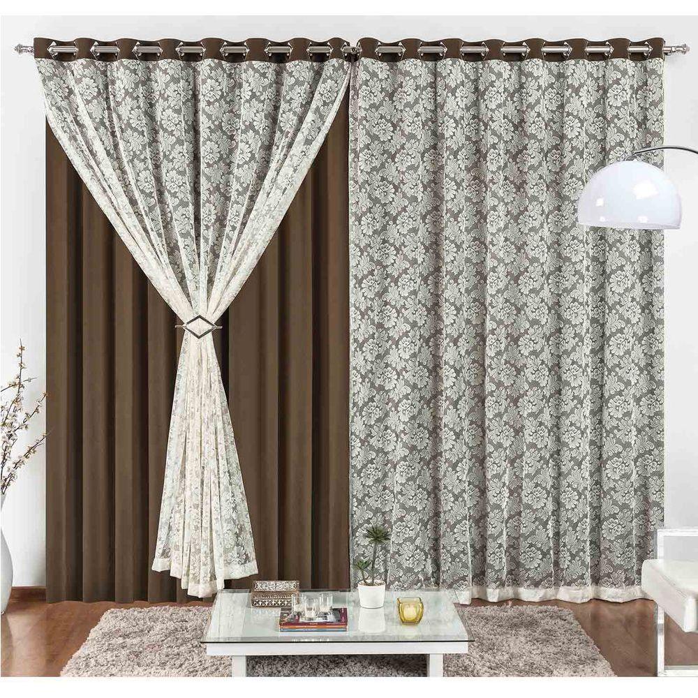 Cortina Yasmin 2 Metros Tabaco Tecido Malha Com Renda Floral Sala Ou Quarto - 1