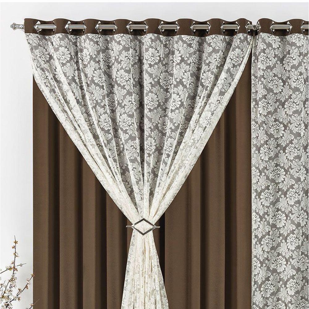 Cortina Yasmin 2 Metros Tabaco Tecido Malha Com Renda Floral Sala Ou Quarto - 3