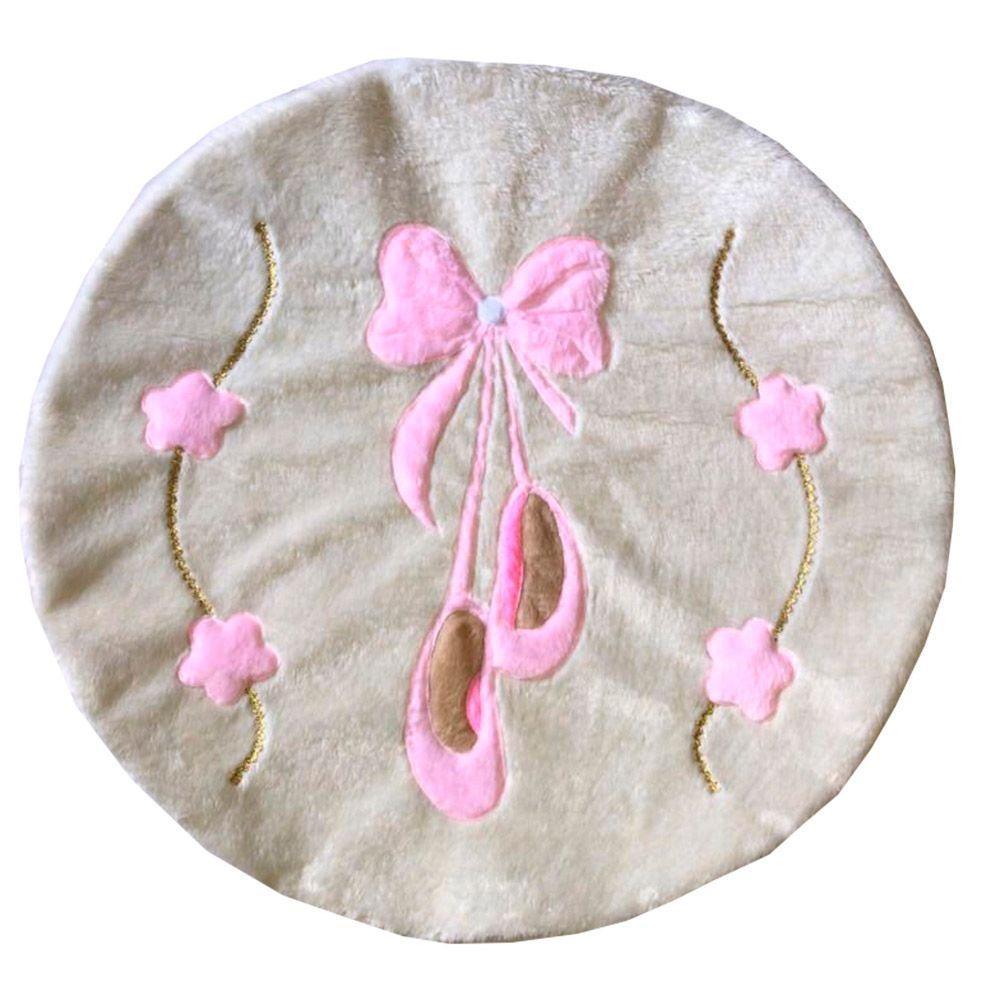 Tapete Pelúcia Sapatilha 90Cm X 90Cm Redondo Quarto Infantil Base Emborrachado - Palha Com Rosa - 1
