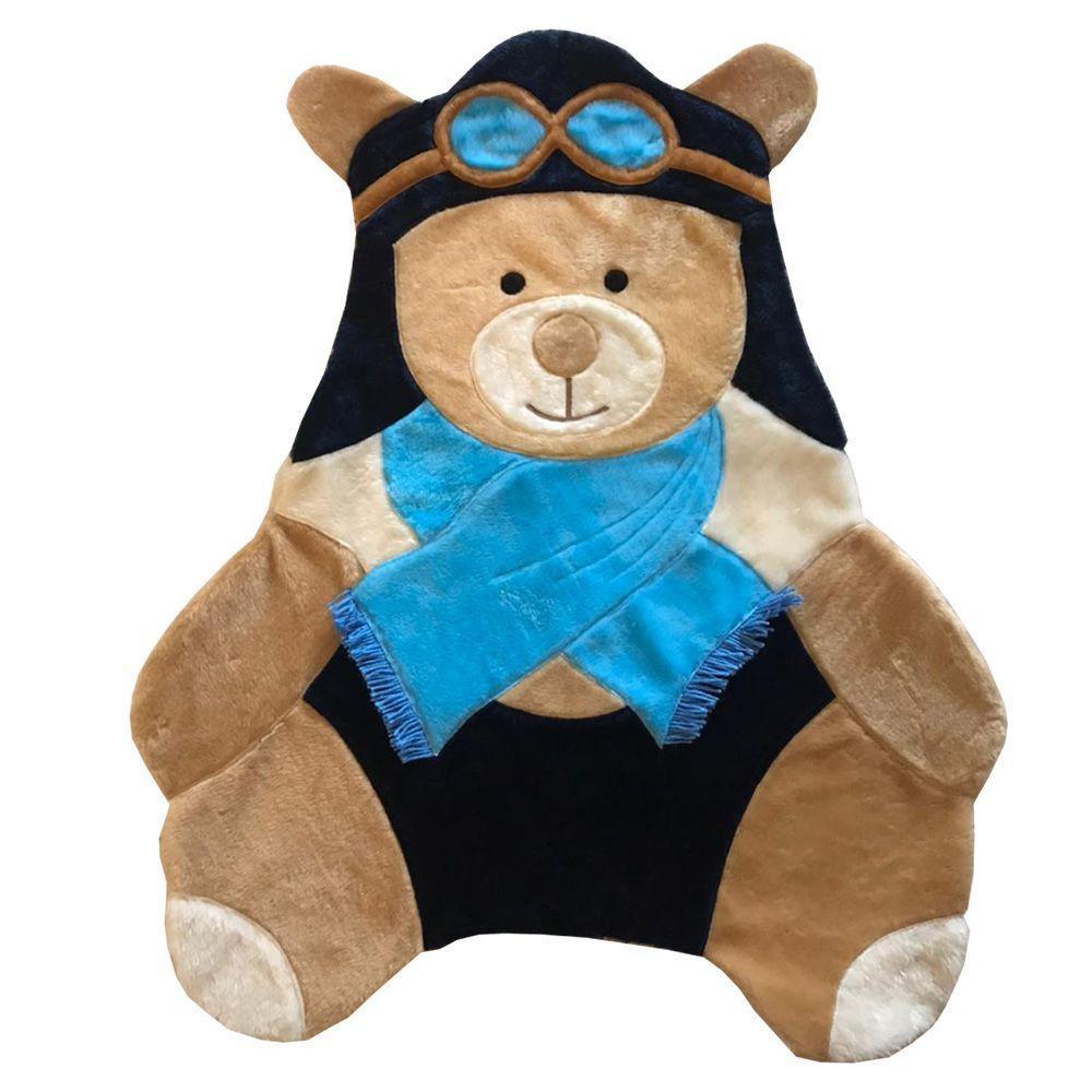 Tapete Pelúcia Urso Aviador 1,05M X 85Cm Cachecol Infantil Macio Base Emborrachado - Azul - 1
