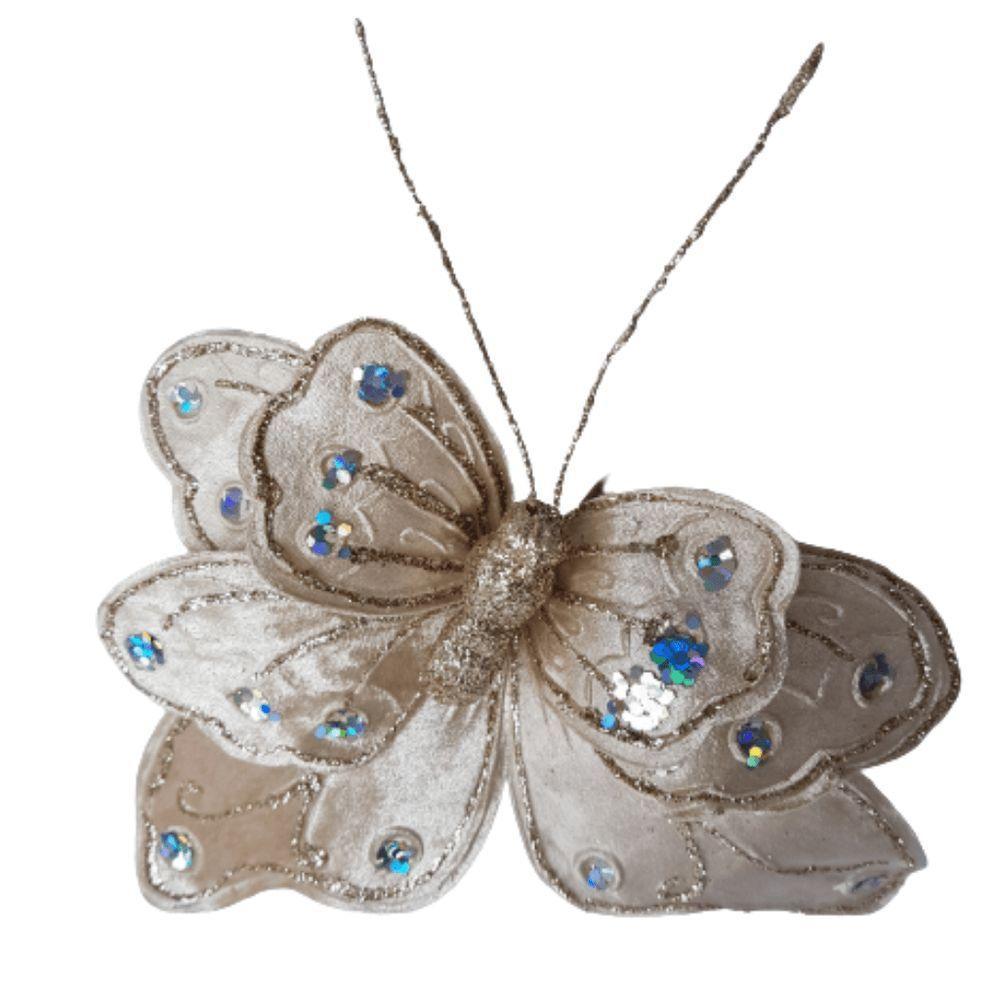 Flor Artificial Natal Borboleta Veludo Champanhe 13m 13cm - 2