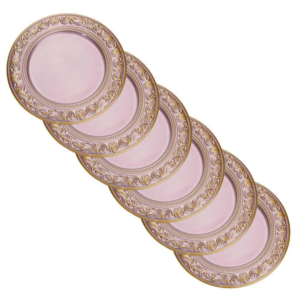 Kit 6 Sousplats De Plástico Rosa E Dourado Com Detalhe Em Arabesco 33 Cm - D'rossi - 1