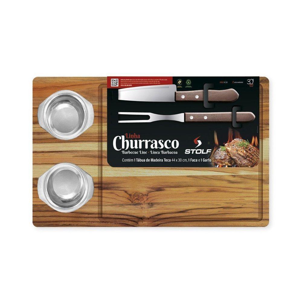 Kit Churrasco Madeira Teca Com Garfo E Faca E 2 Potes Inox - Stolf - 1