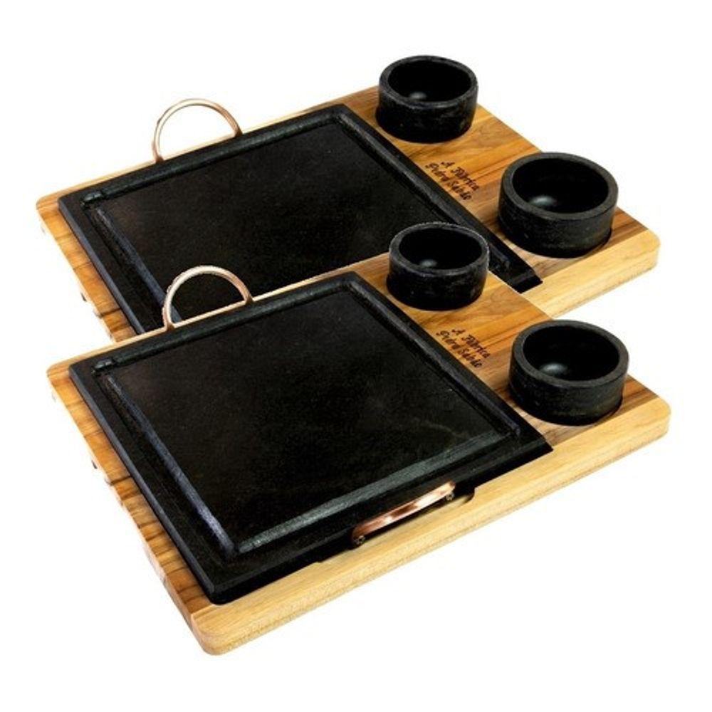 Kit 2 Grelha De Pedra Sabão Quadrada 20x20 Cm + 4 Cumbucas Com Suporte De Madeira - 1