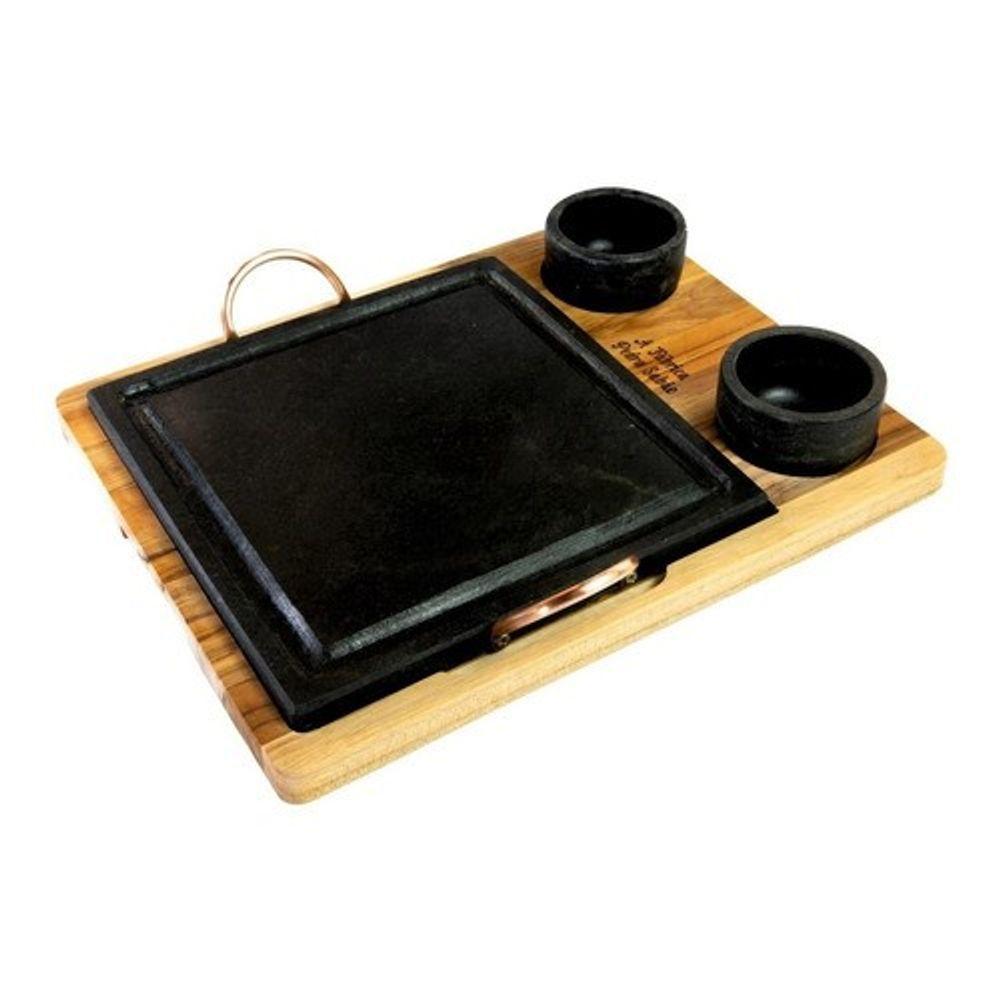 Grelha De Pedra Sabão Quadrada 25x25 Cm + 2 Cumbucas Com Suporte De Madeira - 3