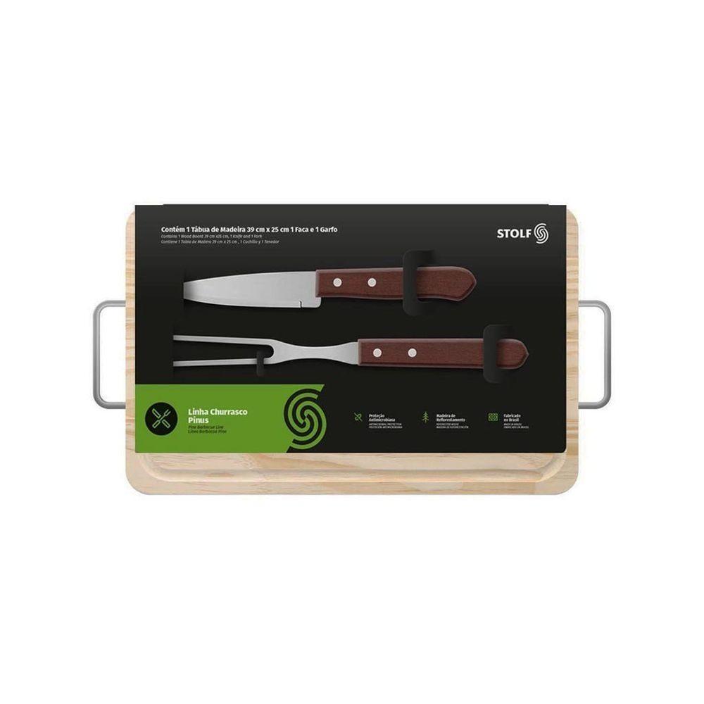 Kit Churrasco De Madeira Pinus Com Garfo E Faca - Stolf 35x21 - 2
