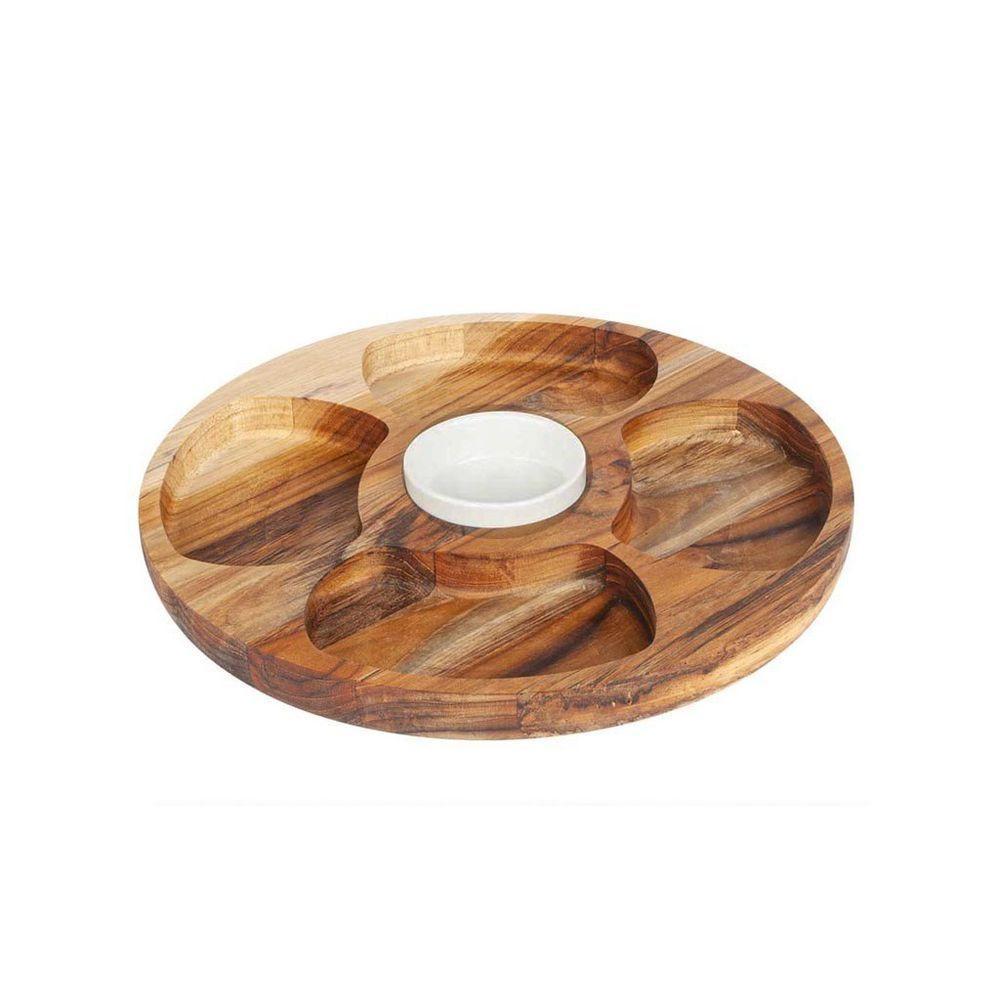 Petisqueira De Madeira Redonda Com 5 Divisões E Pote De Porcelana - Stolf - 1