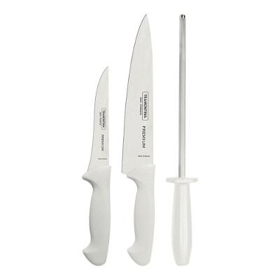 Jogo de Facas com Chaira Premium 3 Peças Lâmina Aço Inox Cabo Branco Tramontina
