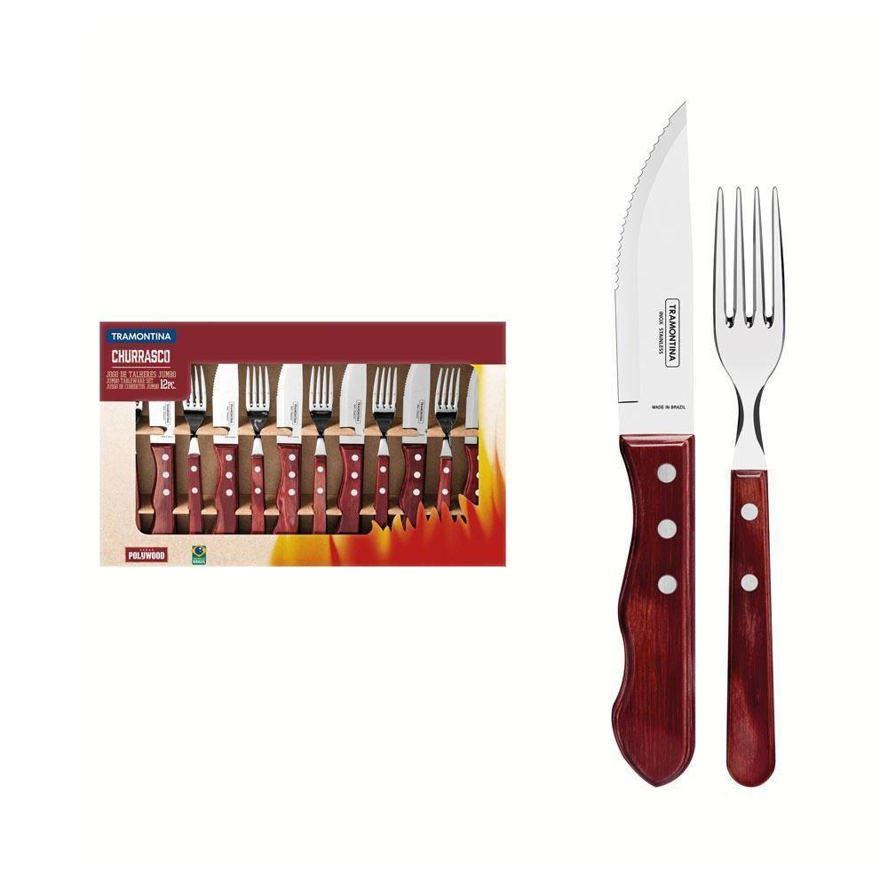 Jogo De Talheres Para Churrasco Jumbo Em Aço Inox Com Cabo Vermelho Polywood 12 Peças - Tramontina - 1