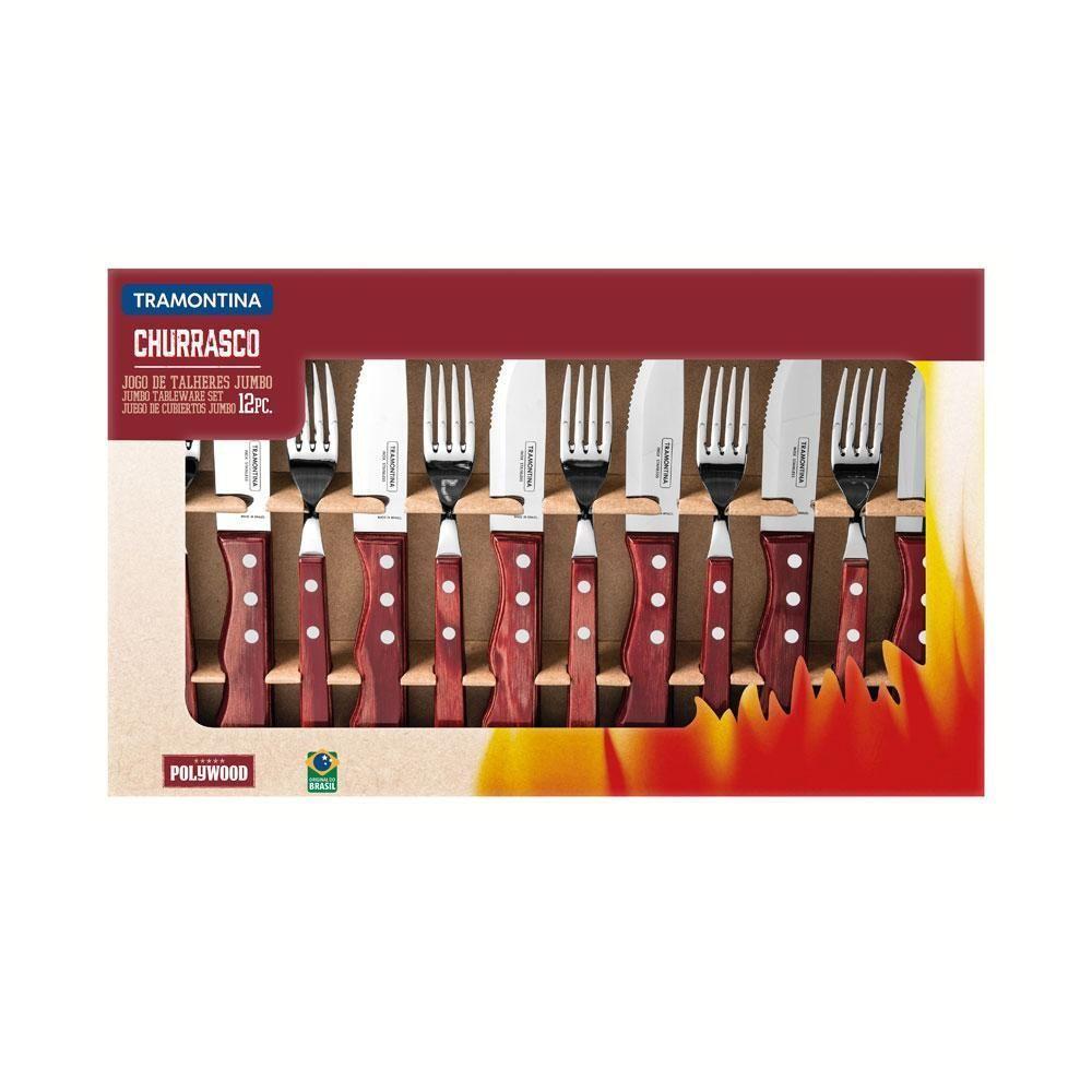 Jogo De Talheres Para Churrasco Jumbo Em Aço Inox Com Cabo Vermelho Polywood 12 Peças - Tramontina - 6