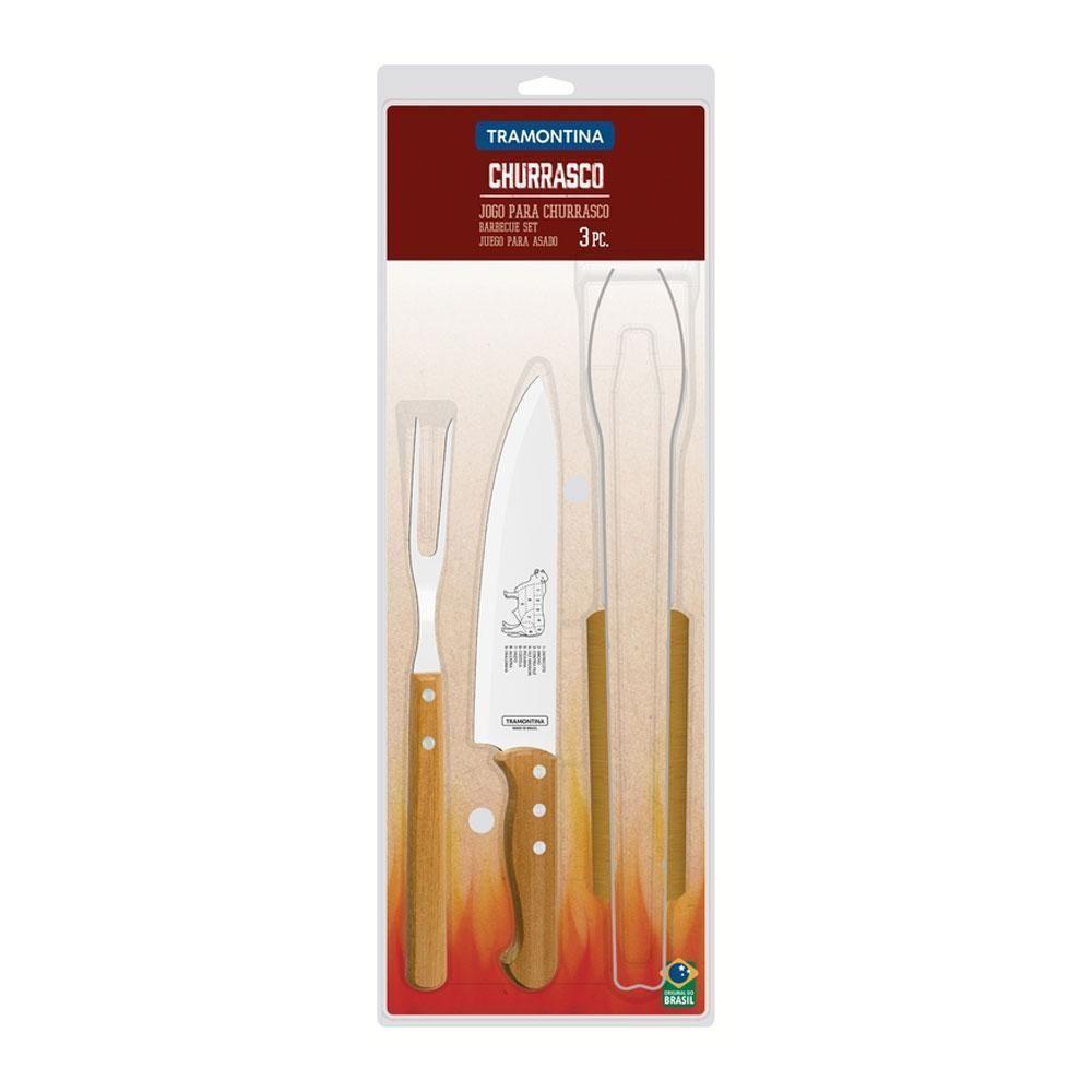 Jogo 3 Pç Garfo, Faca E Pegador Churrasco Dynamic Inox E Cabo De Madeira - Tramontina - 2