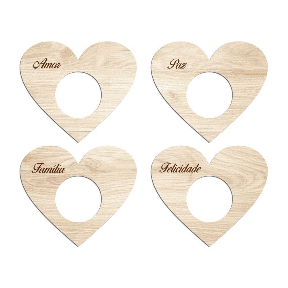 Porta Guardanapo Coração Desejos Kit 4 Peças 7,5cmx6,5cm - Cria Arte Laser Madeira Clara - 1