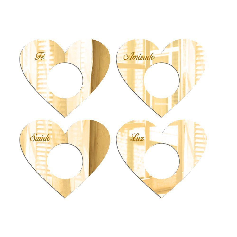 Porta Guardanapo Coração Desejos Espelhado Kit 4 Peças 7,5cmx6,5cm - Cria Arte Laser Dourado - 1