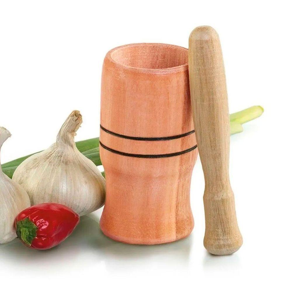Pilão Madeira Rustico Com Amassador Para Temperos Macerador - 3