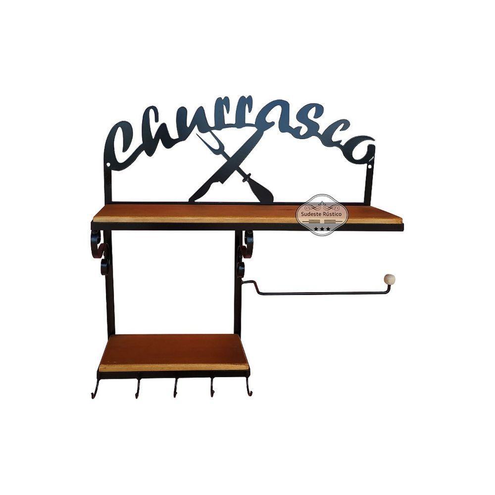 Prateleira Churrasco Porta Papel Toalha Em Madeira De Demolição E Ferro Sudeste Rústico - 1