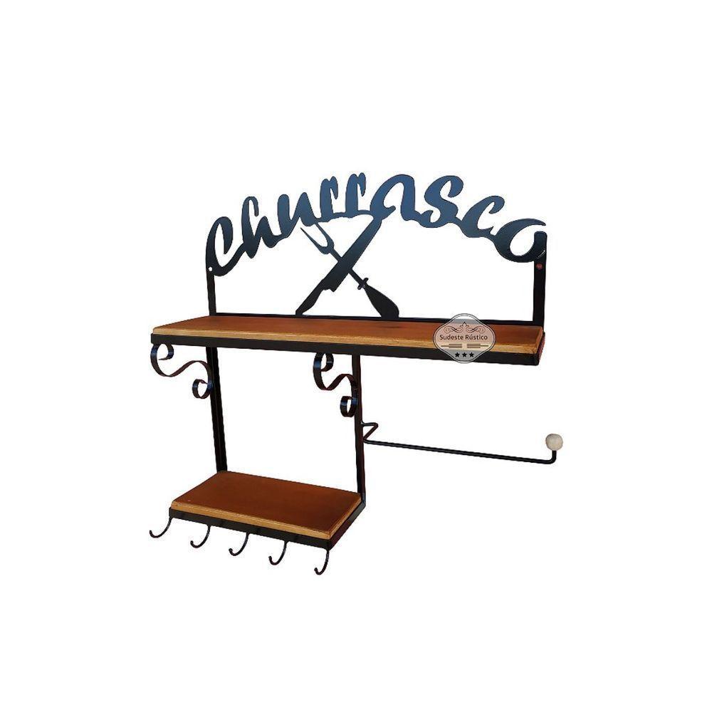 Prateleira Churrasco Porta Papel Toalha Em Madeira De Demolição E Ferro Sudeste Rústico - 2