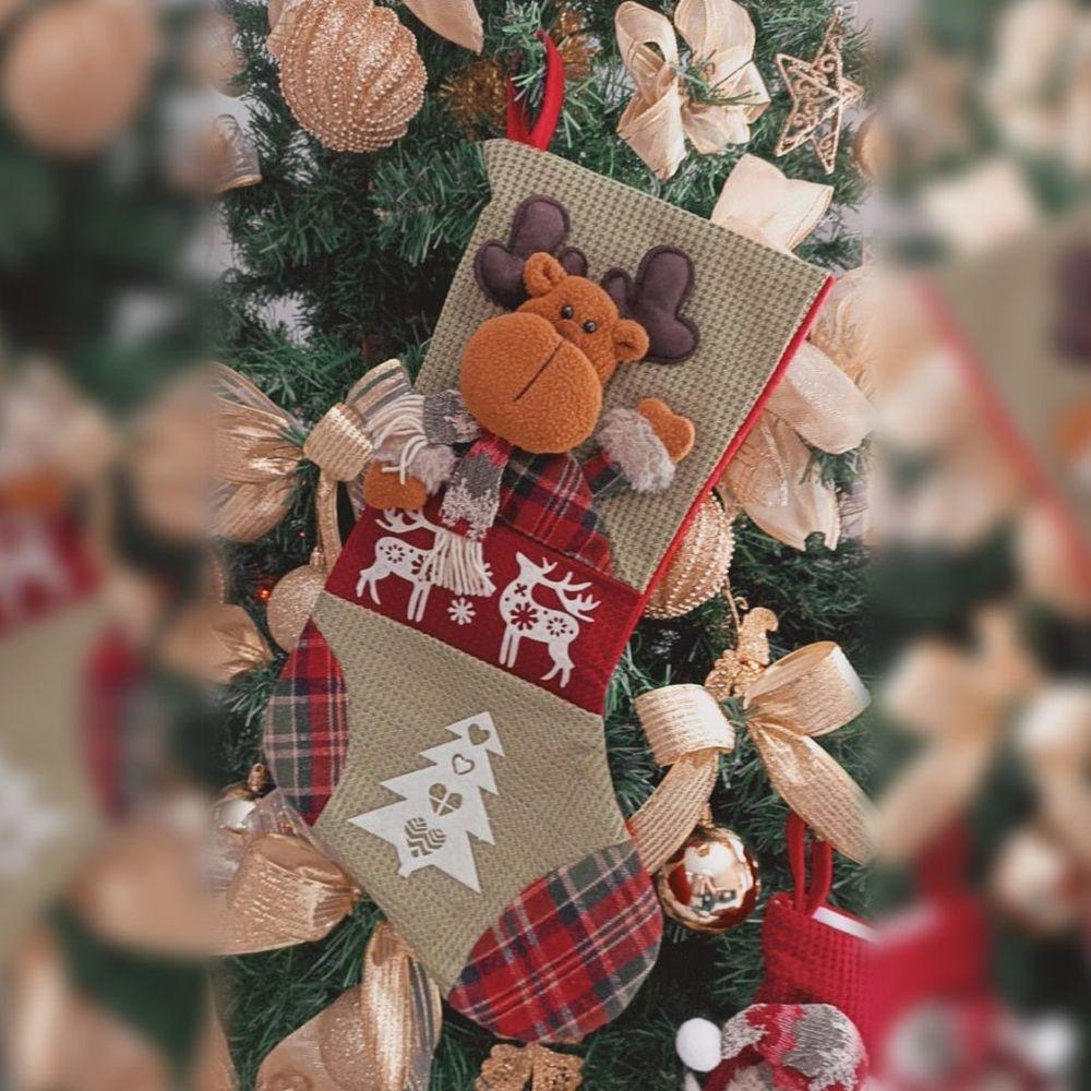 Bota De Natal Decorativa Suspensa Em Poliéster Xadrez 27x47cm Rena - 2