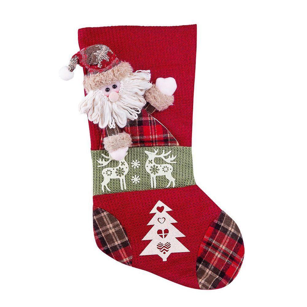 Bota De Natal Decorativa Suspensa Em Poliéster Xadrez 27x47cm Papai Noel - 1