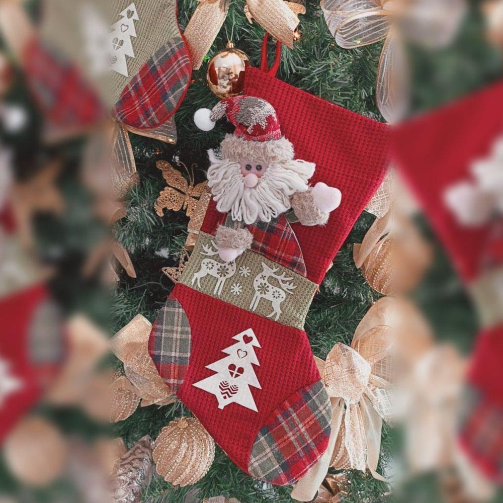 Bota De Natal Decorativa Suspensa Em Poliéster Xadrez 27x47cm Papai Noel - 2
